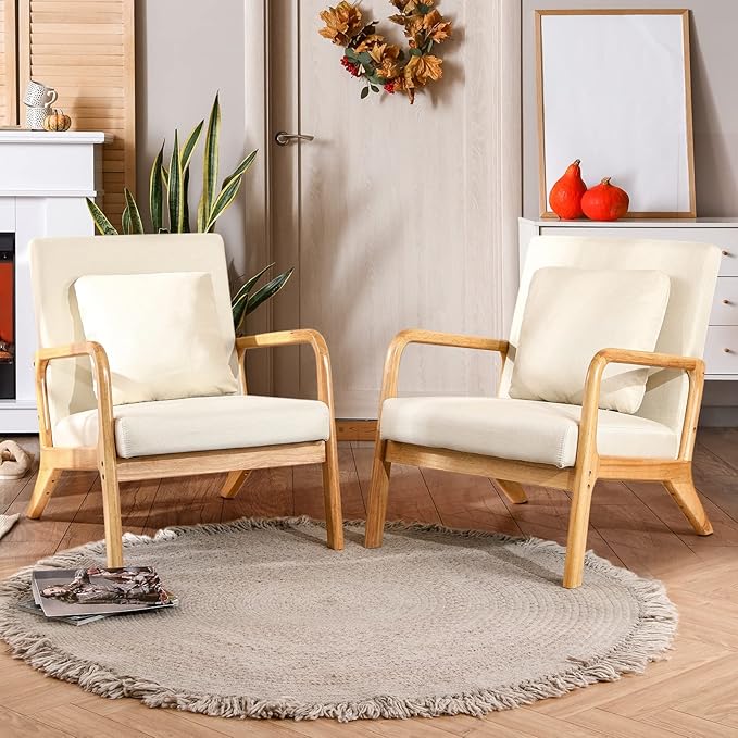 ELUCHANG Mid-Century Modern Accent Chair with Lumbar Pillow, Linen Fabric Comfy Lounge Side Upholstered Reading Armchair for Living Room Bedroom Apartment,Easy Assembly(Beige,2pcs)