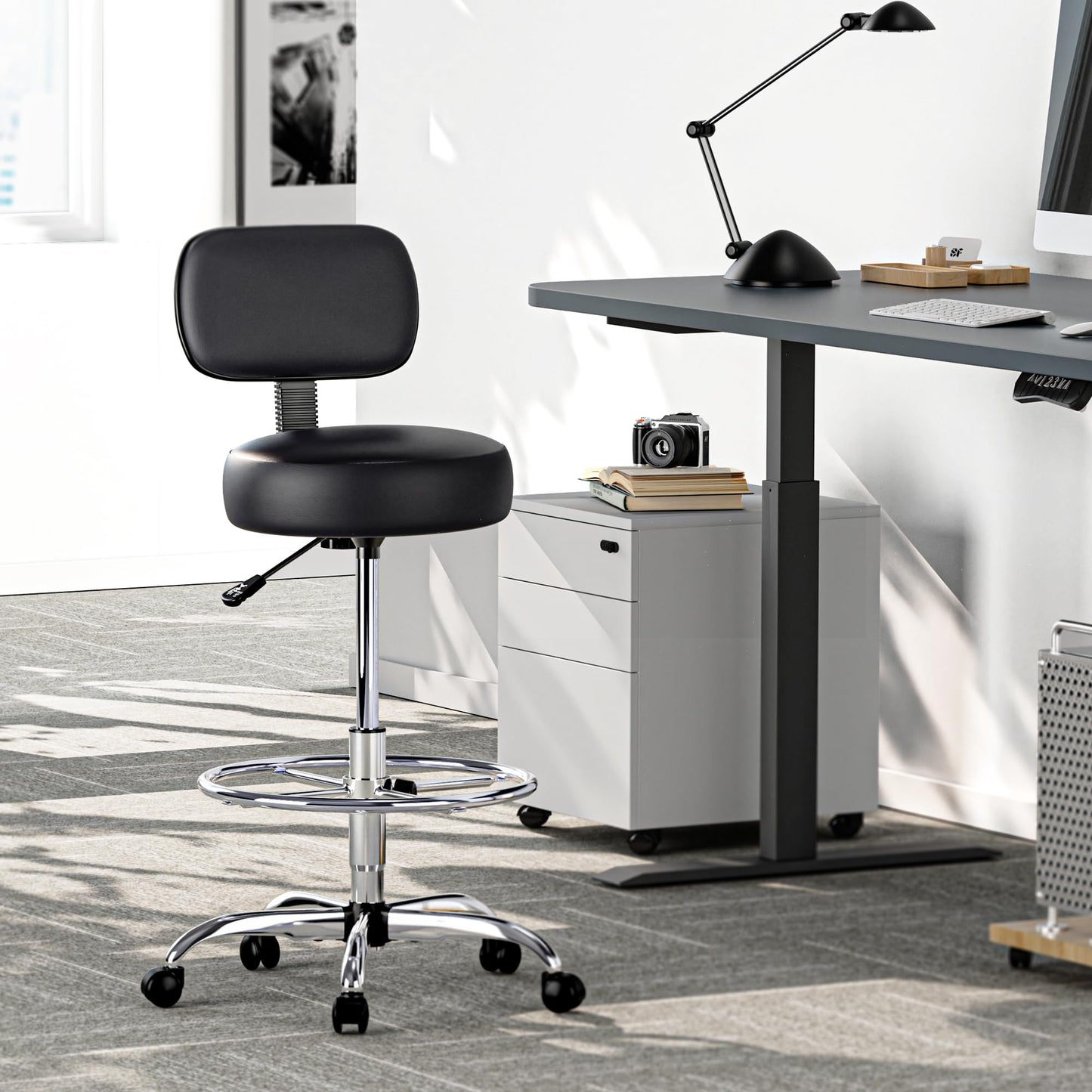SUPERJARE Drafting Chair with Back, Adjustable Foot Rest Rolling Stool, Multi-Purpose Office Desk Chair, Thick Seat Cushion for Home Bar Kitchen Shop - Black