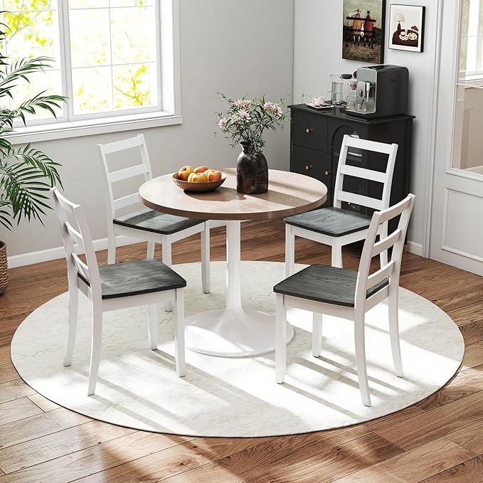 Giantex Dining Chairs, Wooden Armless Kitchen Chairs with Solid Rubber Wood Legs, Farmhouse Ladder Back Dining Chairs for Dining Room (2, White+Gray)
