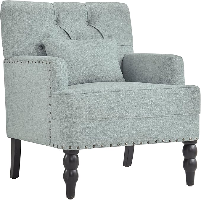 HUIMO Tufted Club Chair,Accent Chair with Lumbar Pillow, Upholstered Button Armchair, Linen Fabric Sofa Chairs for Bedroom, Living Room, Mid Century Modern with Studded Reading Chair Light Blue