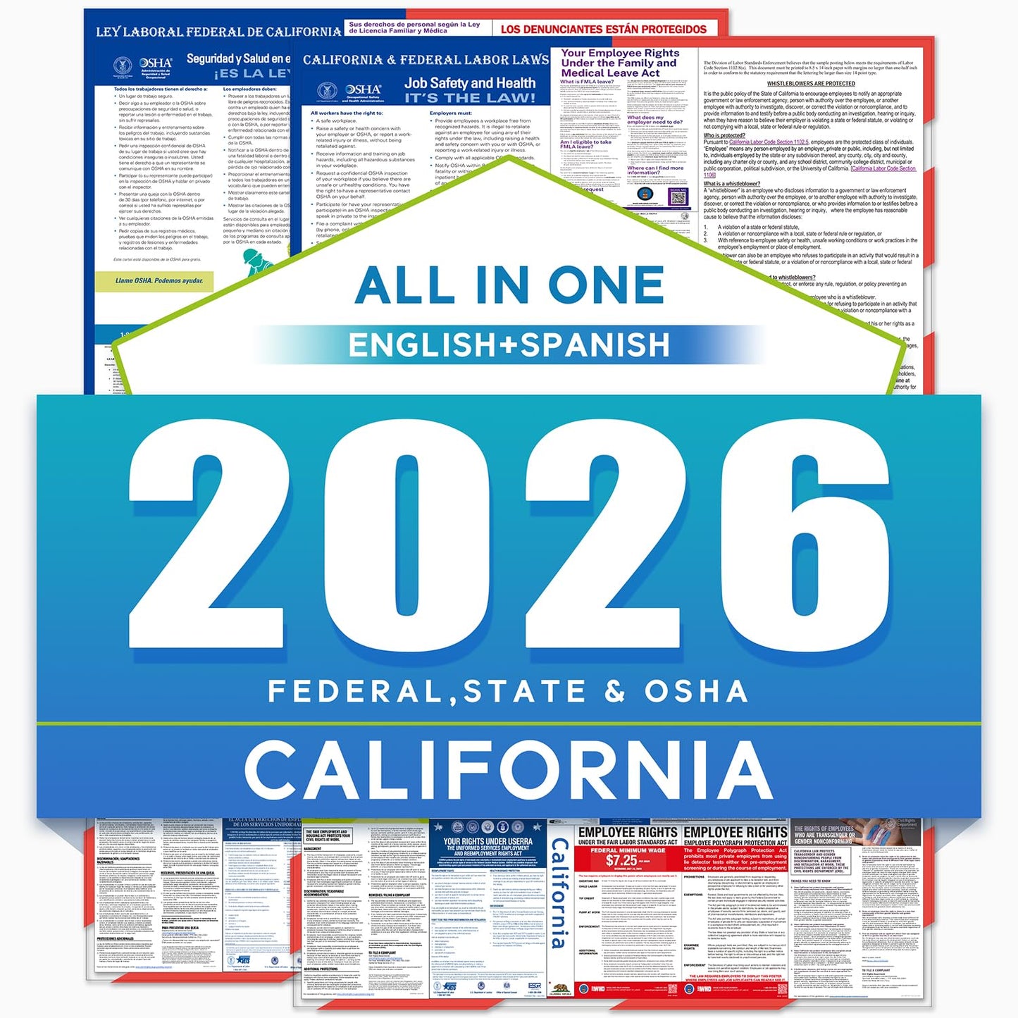 2026 California State and Federal Labor Laws Poster – OSHA Compliant Laminated 24" x 36" English and Spanish Bundle 2 Pack