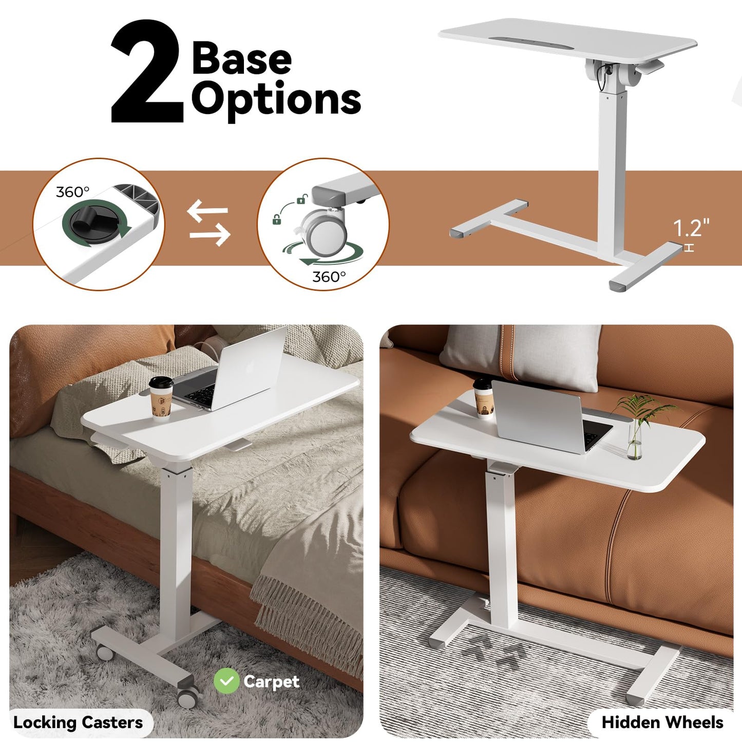 JYLH JOYSEEKER Mobile Standing Desk, Height Adjustable Left/Right Overbed Bedside Table, 90° Tiltable Portable Laptop Desk with Wheels, Foldable Computer Cart for Hospital Home Use, White