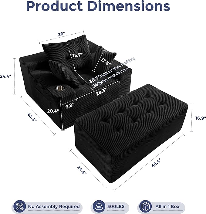 MAXYOYO Modular Sectional Chaise Lounge Sofa, Upholstered Lounge Chair with Pillows Indoor, Tufted Boneless Sofa Couch with Ottoman, Deep Seat Sleeper Chair for Living Room, No Assembly, Black