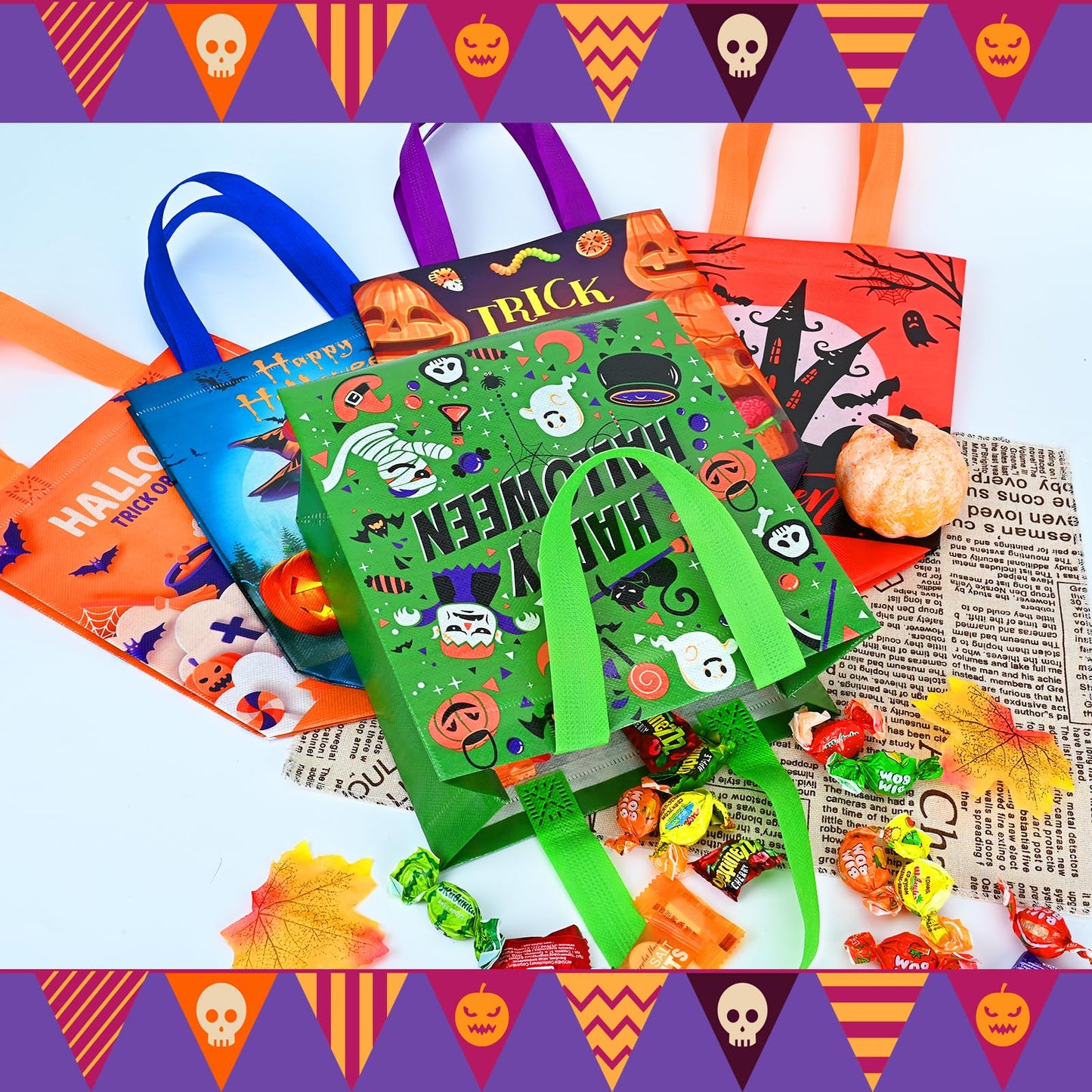 Ambandier 8PCS Halloween Trick or Treat Tote Bags with Handles，Halloween Candy Treat Bags for Kids, Non-Woven Gift Bag for Wrapping Party Decoration Supplies