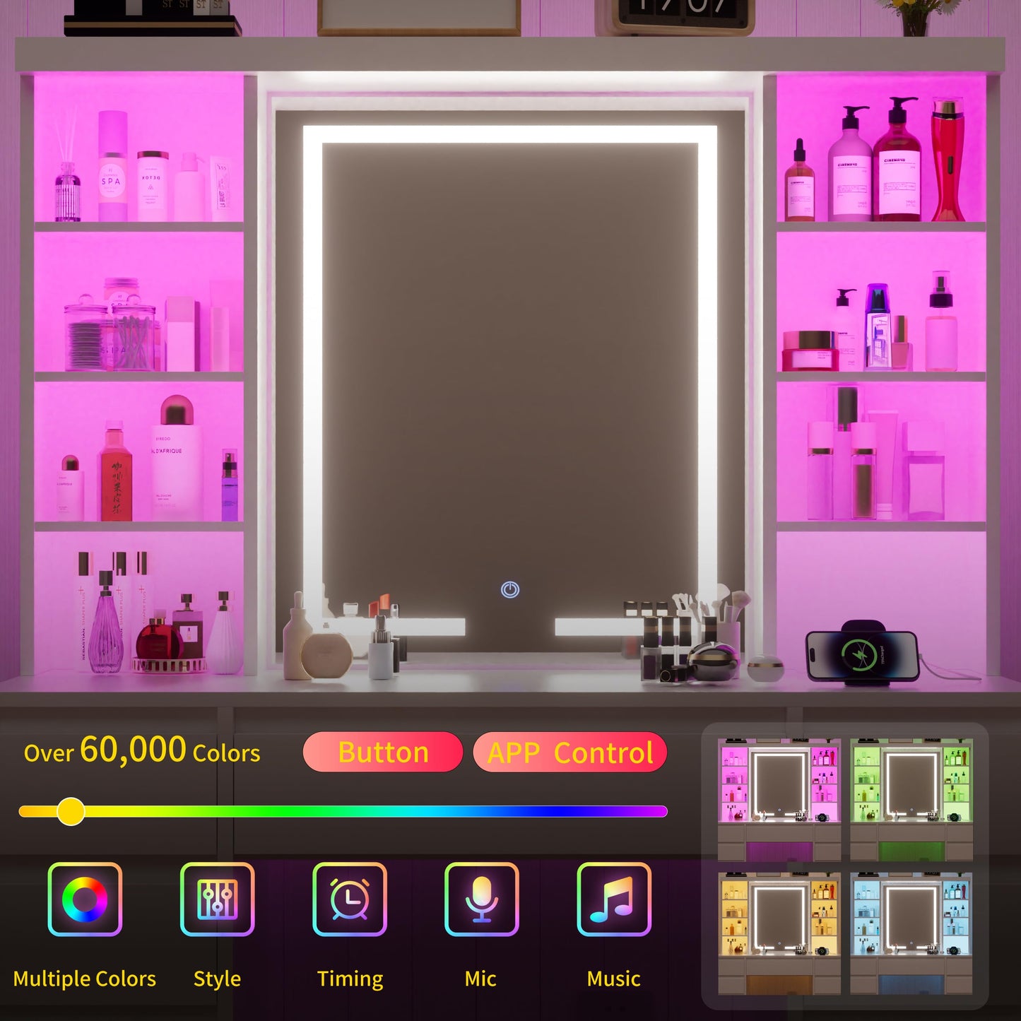 COWMOU Tall Vanity Desk with LED Mirror and RGB Lights Shelves, White Makeup Vanity with Power Outlet, Vanity Table with 5 Sliding Drawers & 2 Cabinets for for Bedroom and Dressing Room