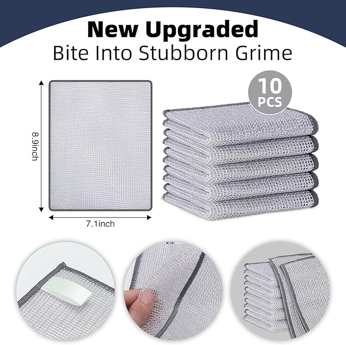 10 Pack Stainless Steel Scrubber, Reusable Diamond Weave Scrubber Cloths, Non-Scratch Heavy-Duty Metallic Fiber Cleaning Cloth for Kitchen, Multi-Use Dishwasher Rags