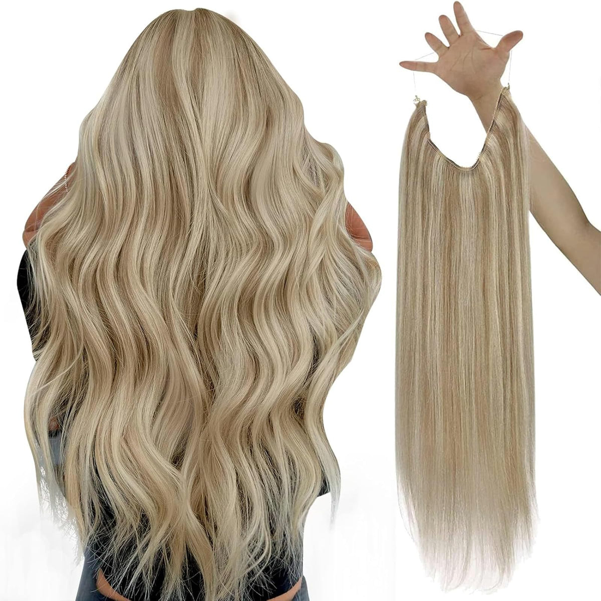 Sunny Wire Hair Extensions Real Human Hair Fish Line Human Hair Extensions Invisible Wire Extensions Golden Blonde with Medium B