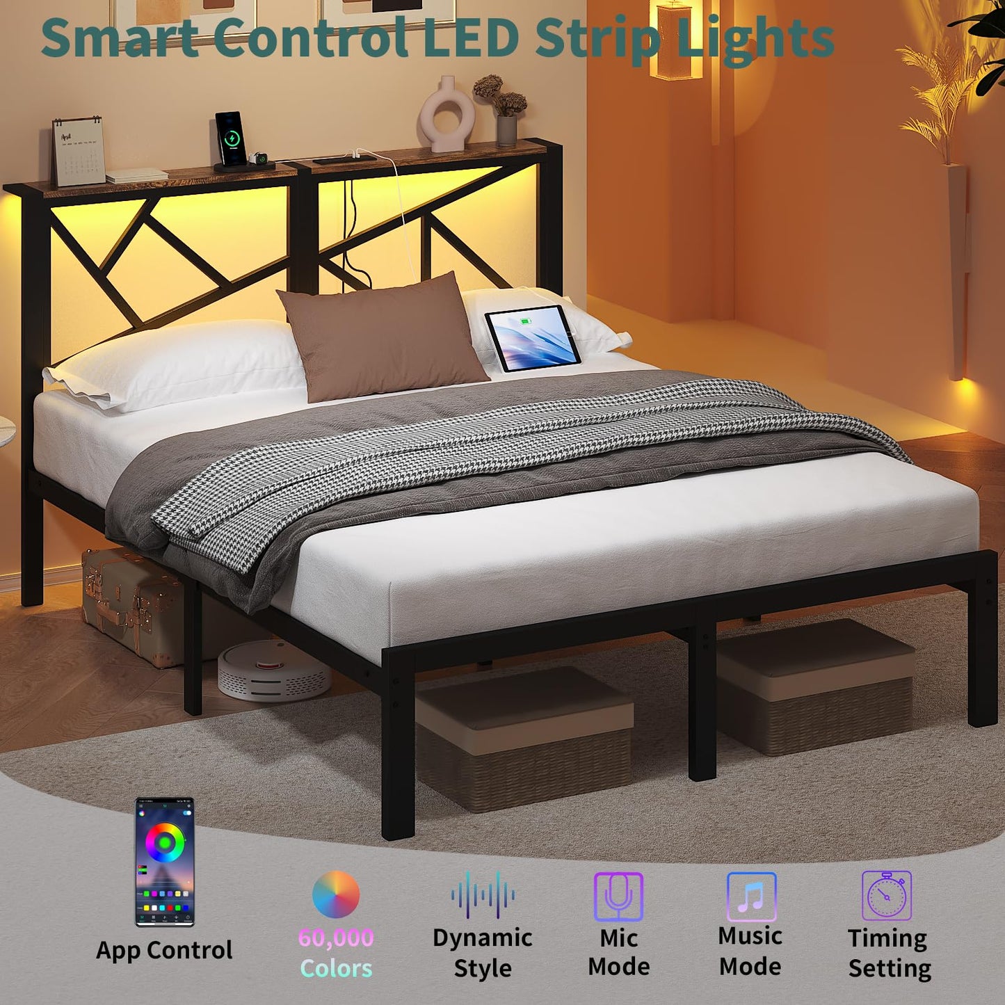 ChicZhiNest Queen Size Black Metal Bed Frame with USB Charging Station, LED Ambient Lighting, and Wooden Storage Headboard - Includes Under-Bed Storage, No Box Spring Needed, Noise Free, Easy Assembly