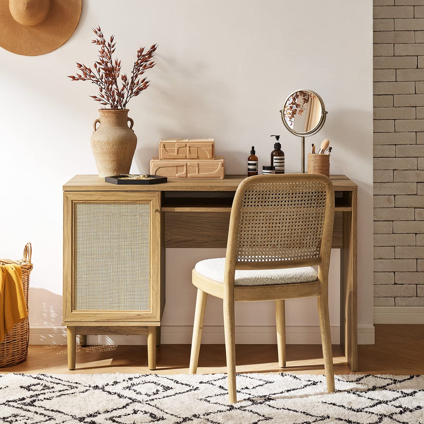 mopio Haylee Boho Farmhouse Writing Desk, with Natural Rattan Exterior Door, Ample Storage, Adjustable Shelves, for Study, Vanity, Makeup, & Work, in Bedroom, Home Office