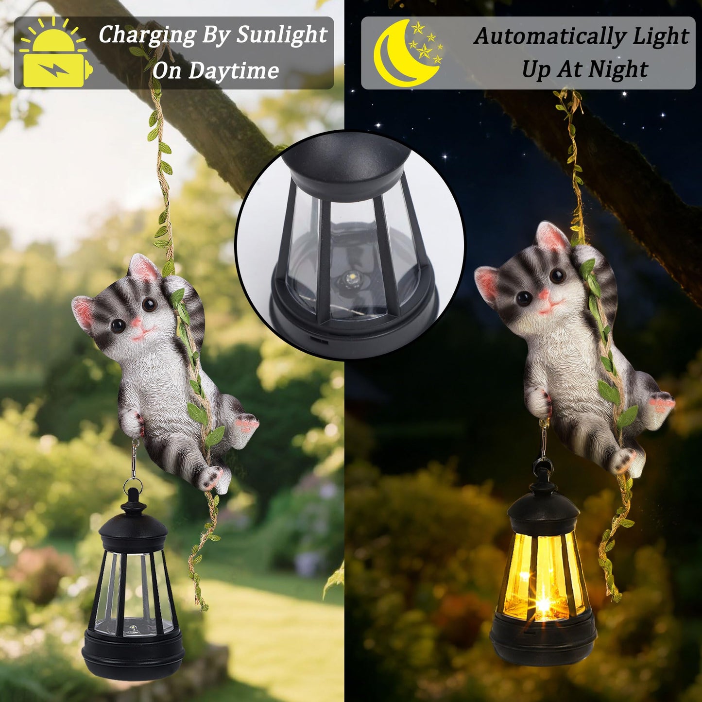 ZaaYee Set of 2 Solar Hanging Statue, Outdoor Resin Black White Cat & Golden Retriever Dog Figurine with LED Lights, Animal Ornament for Garden, Fence, Porch, Patio, Yard Decor