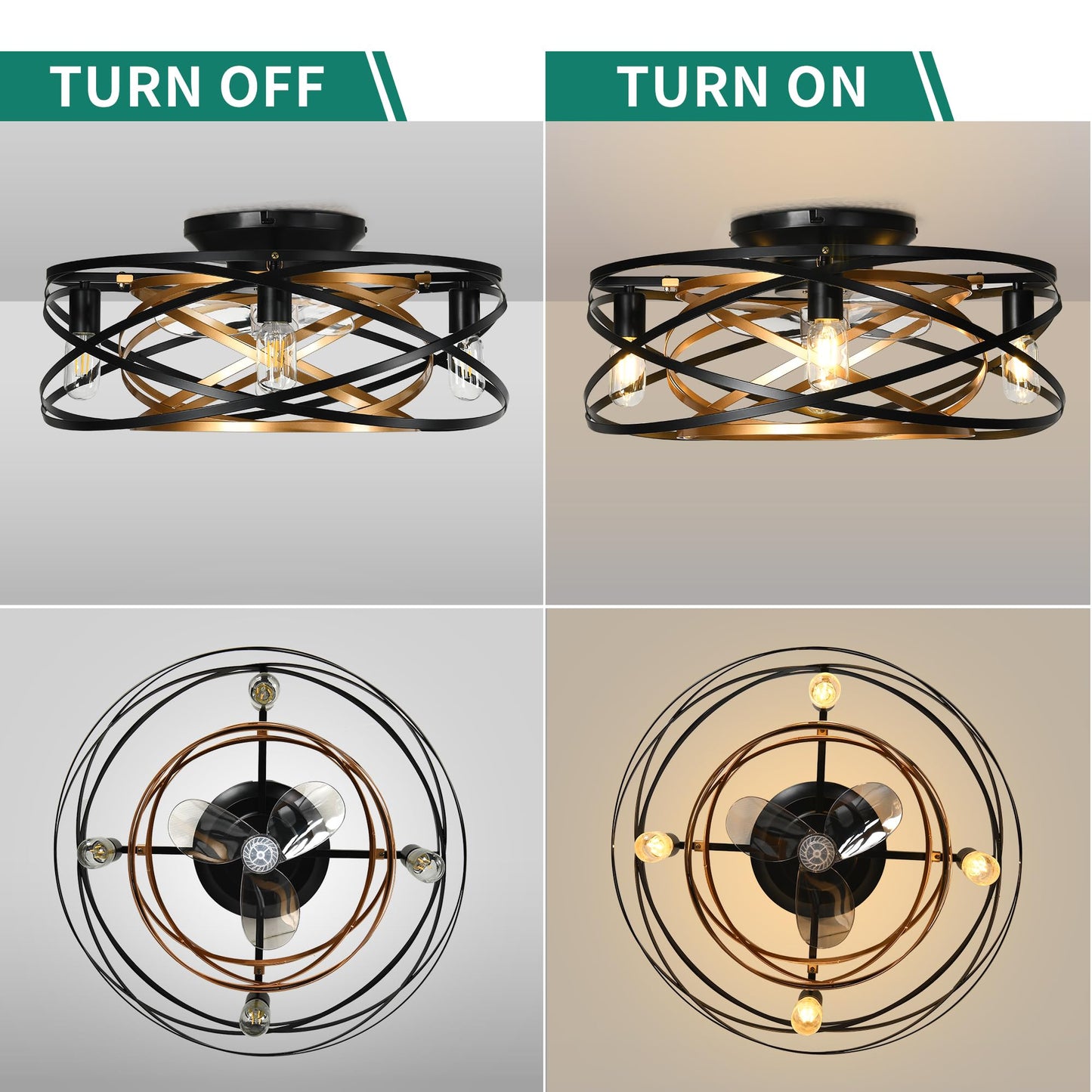 Yitahome Caged Ceiling Fans With Lights Remote Control, 22 Bladeless Low Profile Ceiling Fan, 6 Speeds Flush Mount Enclosed Ce