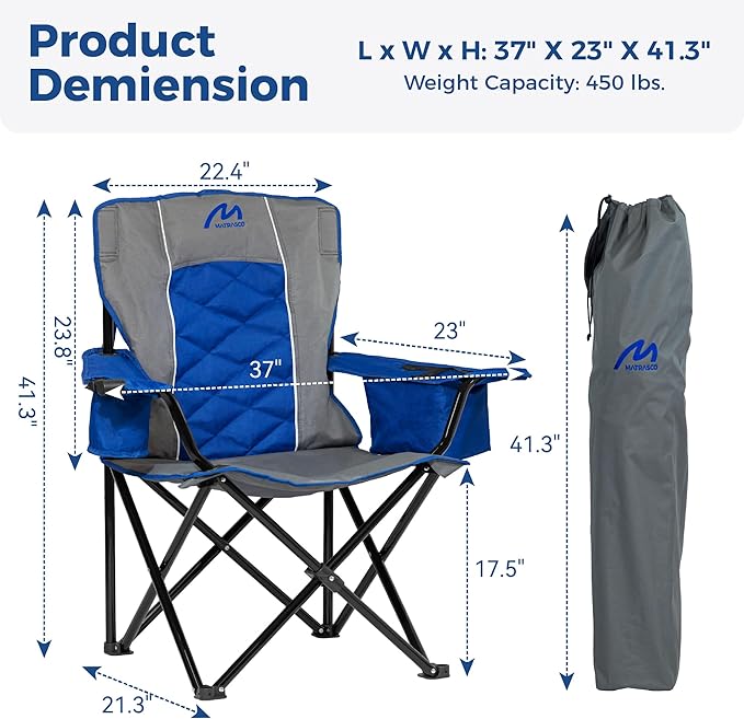 Matrasco Oversized Padded Camping Chair, Heavy-Duty Steel Frame for 450 lbs Supports, Convenient 6-Can Cooler, Portable Carry Bag, Perfect for Outdoor, Beach, and Hiking (Gray & Sapphire Blue)