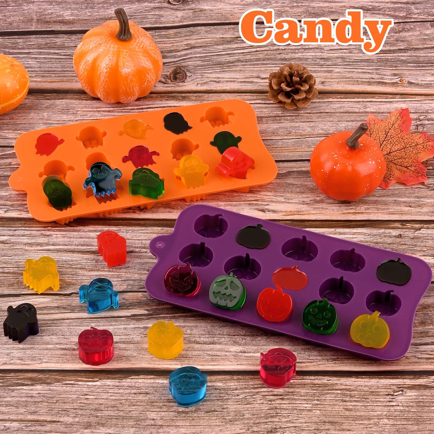 HUAKENER 4 Pack Halloween Candy Molds, Silicone Pumpkin Mold, Ghost Chocolate Mold, Halloween Silicone Molds for Chocolate, Candy, Jelly, Wax Melt, Ice Cubes, Cake Decorations