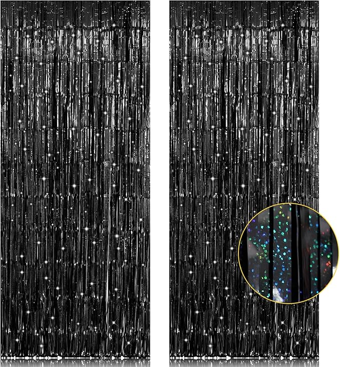 2 Pack 3.2ft x 8.2ft Black Tinsel Foil Fringe Curtain, Sparkle Metallic Foil Backdrop for Party Photo Booth Props New Year...