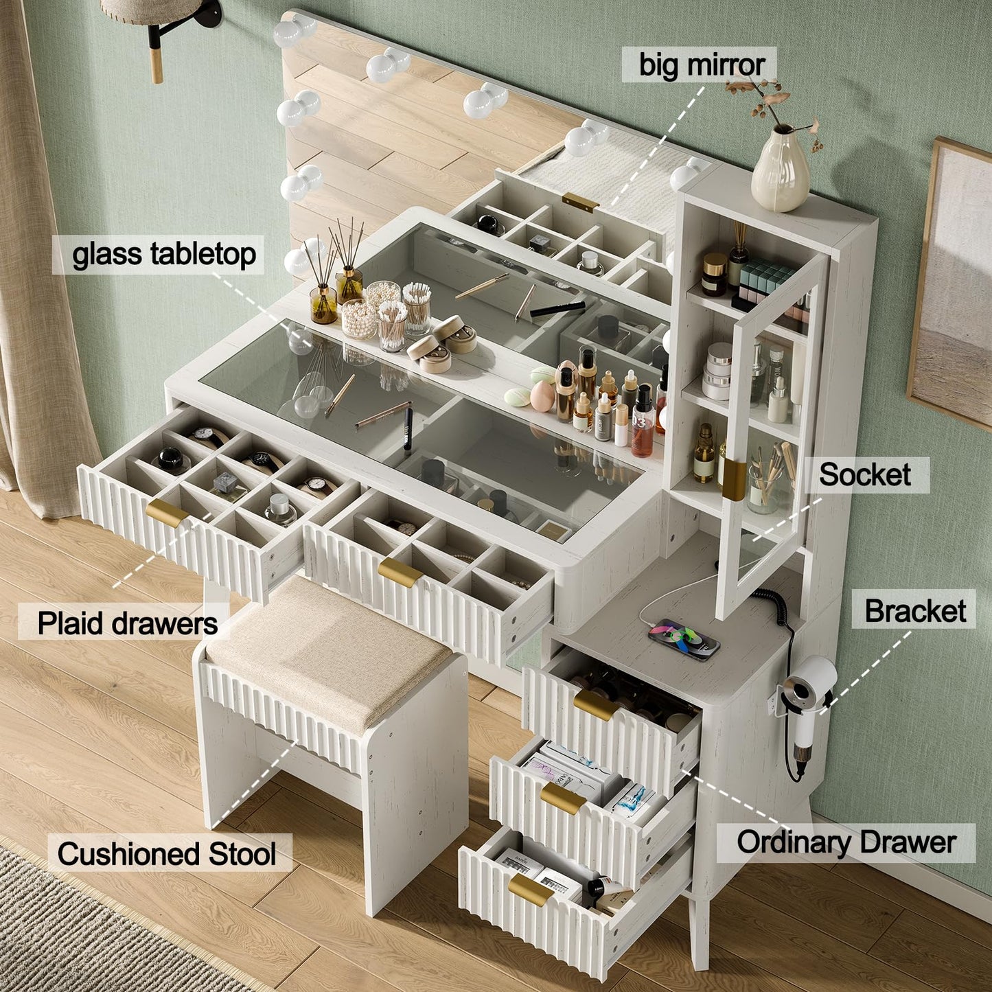 CollaredEagle Fluted Makeup Vanity Desk with 36" 11 LED Lights Mirror, 48" Big Modern Vanity Desk with 5 Drawers and Storage Shelves & Power Outlet, Glass Top for Bedroom, White