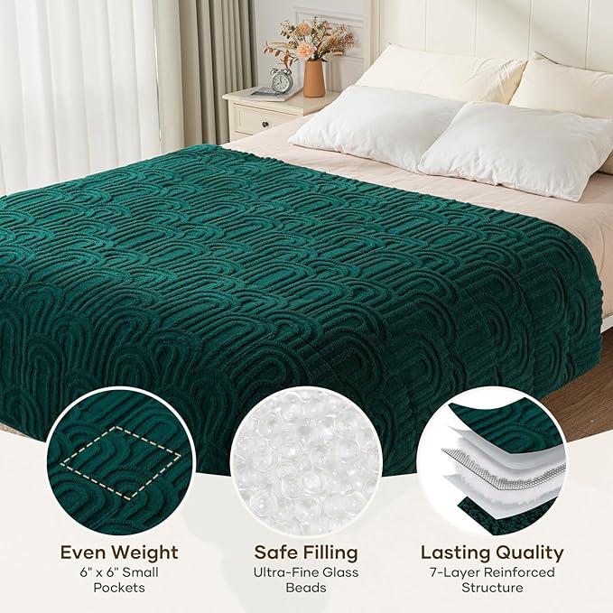 Cottonblue Jacquard Weighted Blanket for Adults 15 lbs Twin Size, Cozy Fluffy Sherpa Fleece Weighted Throw Blankets 48" x 72" for Sleep Relax, Fuzzy Warm Arch Heavy Blanket Soft for Bed Couch, Green
