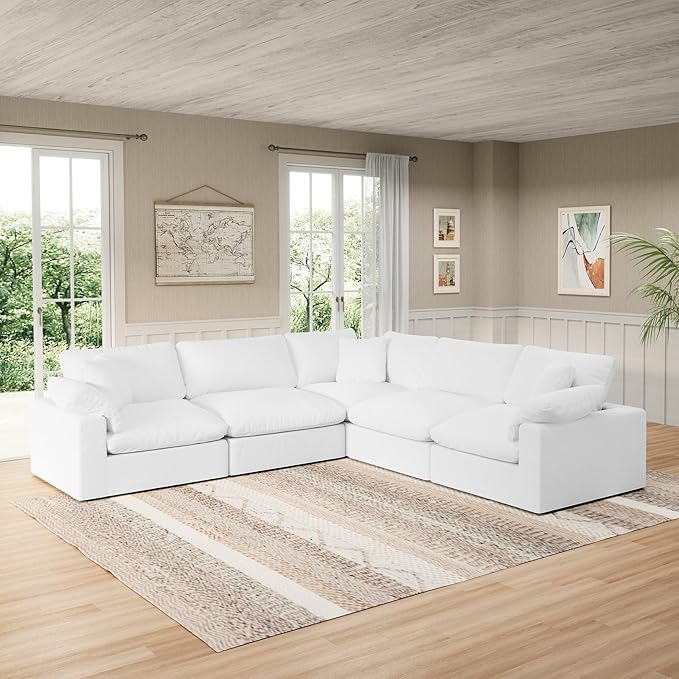 Intuition Decor Modular Sectional Sofa Cloud Couch,Down Filled Comfy Cloud Modern Sofa,White Linen V Shape 5 Seater Oversized Couch Cushion Covers Removable for Living Room