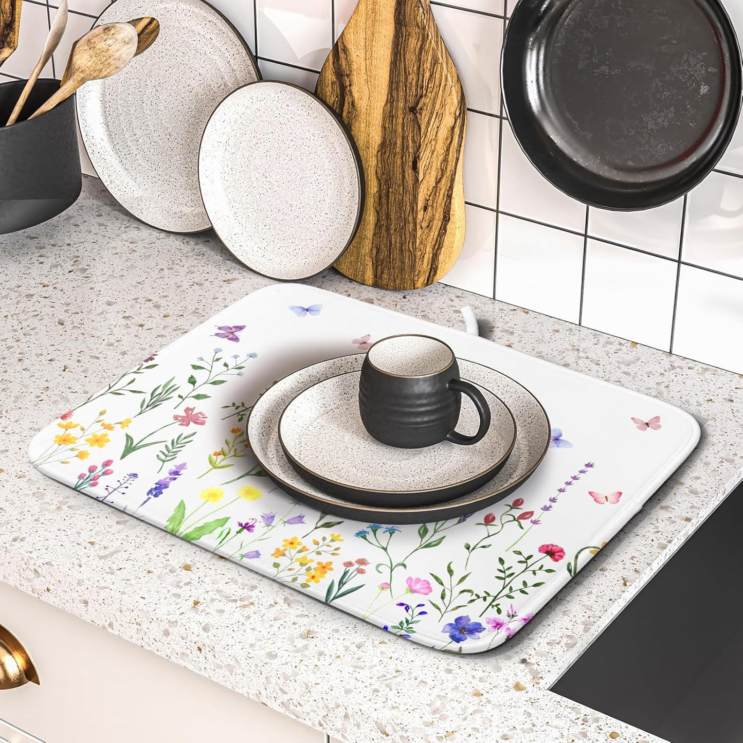 Watercolor Floral Dish Drying Mat for Kitchen Counter 16x18 Inch Spring Summer Wild Flower Butterfly Absorbent Reversible Microfiber Dish Drainer Rack Mats Countertops Protector Mat