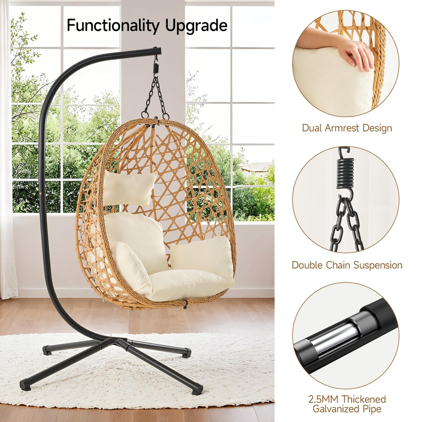 ONBRILL Egg Chair with Stand, Wicker Rattan Swing Hammock Chair with Fine Lace & Cushion, Hanging Chair with Double Chains, 350LBS Capacity for Outdoor & Indoor Patio, Porch, Bedroom, Balcony (Beige)