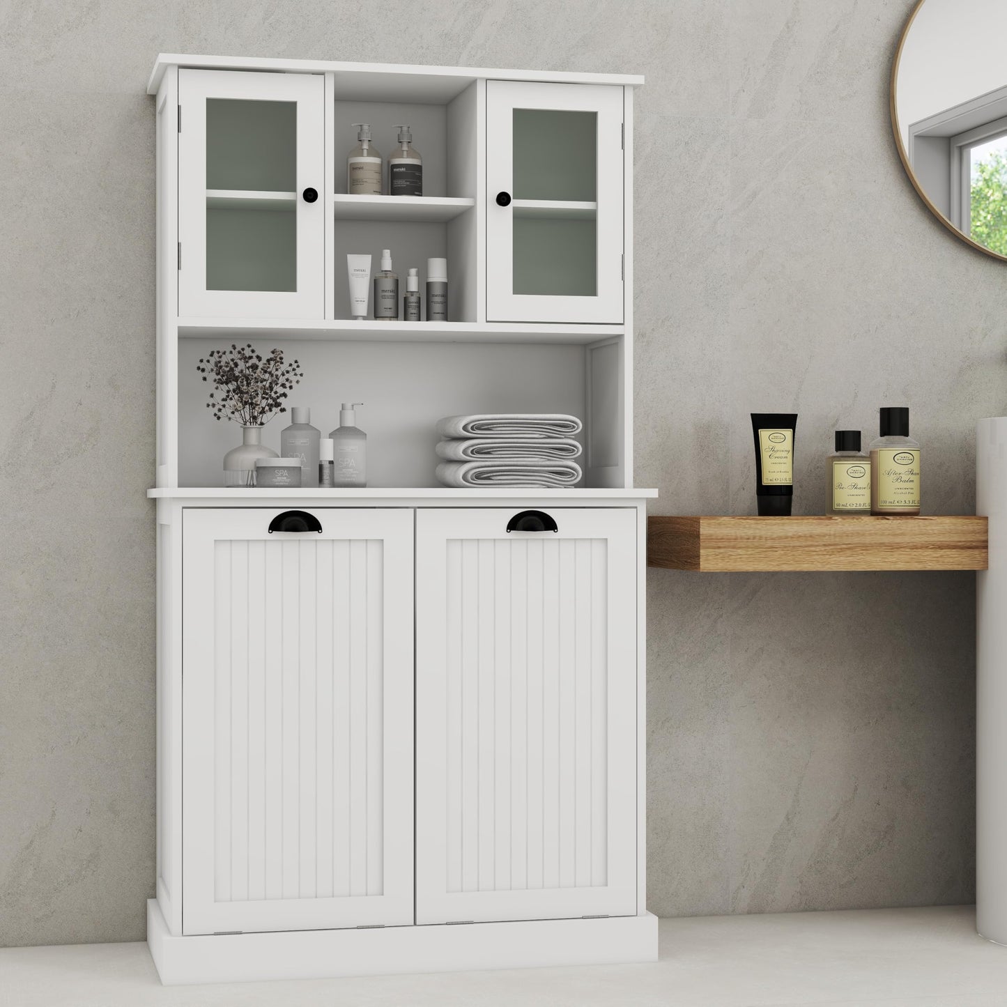 Gecheer Two-Compartment Tilt-Out Dirty Laundry Basket Cabinet - Space-Saving and Functional Storage Cabinet Organizer, Storage Unit Shelves, for Bathroom Living Room Dining Kitchen YJXW1120S00001