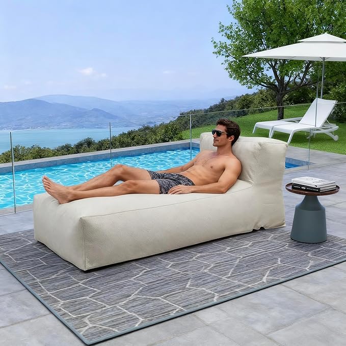 OPEAK Outdoor Bean Bed Chair Sun Lounger, Outdoor Couch Sofa for Patio & Pool, Foam Filling Day Bed Furniture, Comfy Lazy Sofa for Outside, Water-Resistant Seating Lounge Chair, Ivory