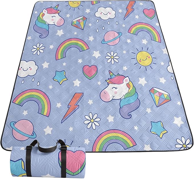 Smell Sunshine Outdoor Picnic Blanket,Portable Sandproof Waterproof Picnic Mat,Rainbow Unicorns Printed Camping Beach Mat ...