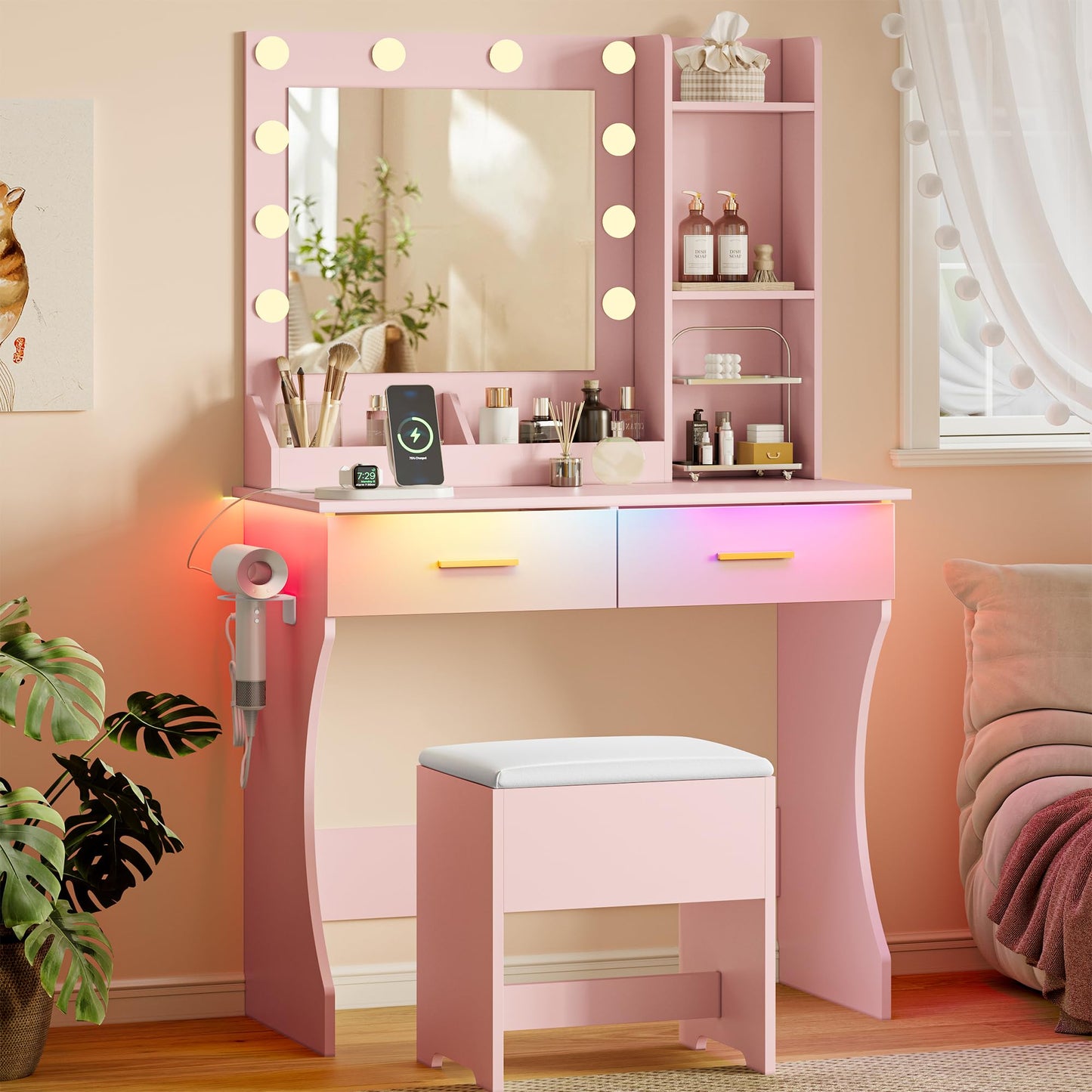 Vanity Desk with Mirror and Lights, Small Makeup Vanity Table Set with Storage Drawers & Power Outlets & Chair, 3 Lighting Modes & RGB Ambient Light, Dressing Table for Women Girls Bedroom, Pink