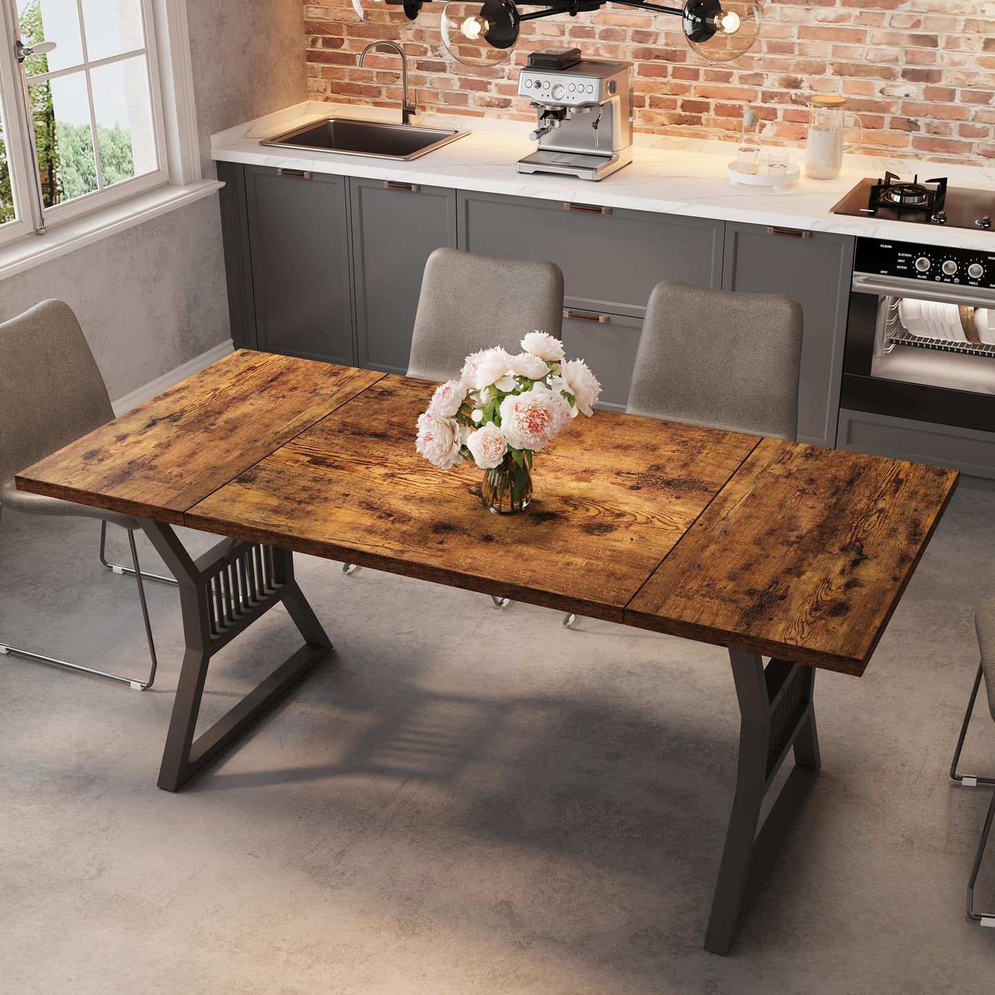 GarveeHome 70.8 in Dining Table 4-6 Person, Kitchen Table with Heavy Duty Metal Legs, Farmhouse Dining Room Table for Kitchen, Living Room