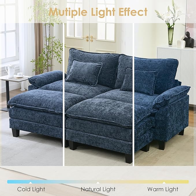 URRED Cloud Couch Modular Sectional Sofa, 87" Modern Loveseat Sofa with 2 Ottomans & Pillows, Ultra Comfy Chenille Couches for Living Room, Bedroom or Apartment, Blue
