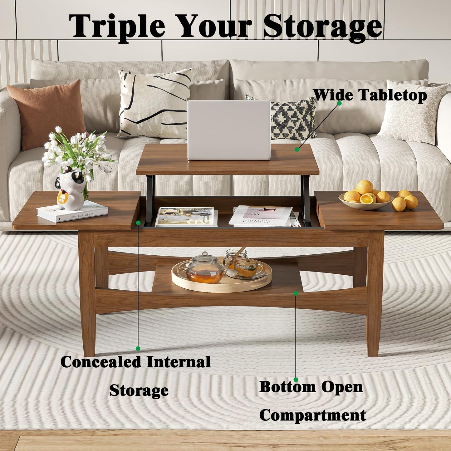 Oubayajia Coffee Table with Lifting Top, Rectangle Wood Lift Top Coffee Table with Open & Hidden Storage, Mid Century Pull up Center Tables for Living Room, Office (Walnut)
