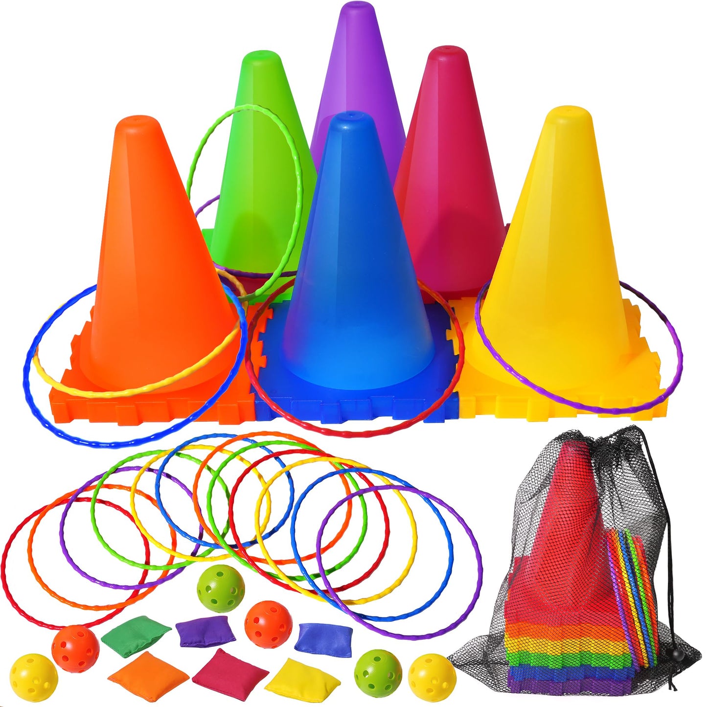 ALETYBOX 3 in 1 Bean Bags for Tossing, Throwing Ball Game, Cones Ring Toss - Outdoor Toys for Toddlers, Obstacle Course Game, Carnival Games, Backyard Games for Kids, Gift Kids Age 3 4 5 6 7