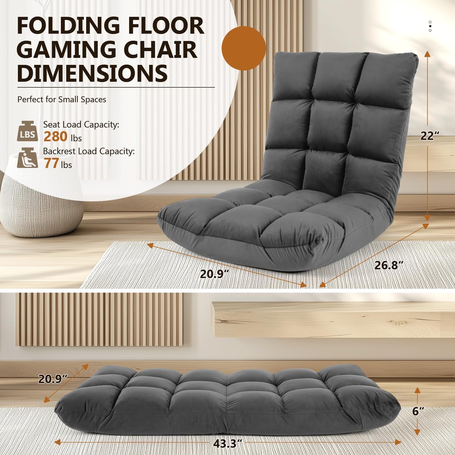 Floor Chair with Back Support, Folding Sofa Chair with 14 Adjustable Position, Padded Sleeper Bed, Couch Recliner, Floor Gaming Chair, Meditation Chair, Floor Lazy Sofa Chair for Adults & Kids