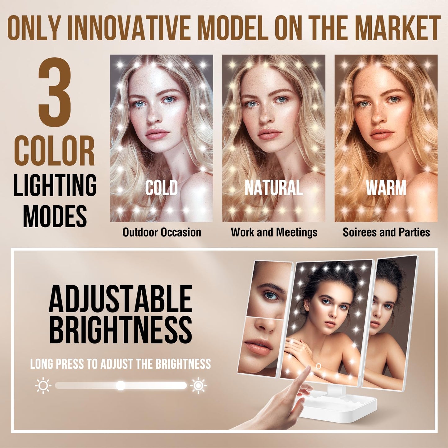 NIKKOMON Wireless Rechargeable Lighted Makeup Mirror with 3 Color Lighting, 2000mAh Rechargeable Battery, 10x 3X 2X Magnificatio