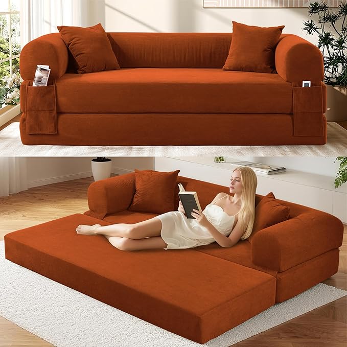 GJQ Convertible Futon Sofa Bed,80" Folding Pull Out Couch Bed with Storage,Queen Sleeper Sofa Bed,Compressed Couch in a Box,Corduroy Boneless Couches for Living Room,Orange
