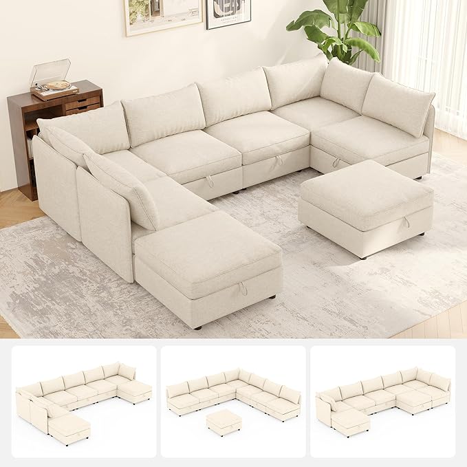 Oversized Modular 8 Seater Sofa with Removable Covers and Storage, Convertible U, L-Shaped and Sleeper Sectional, Modern Sectional Couch with Ottoman Chaise for Living Room, Bedroom, Apartment, Beige