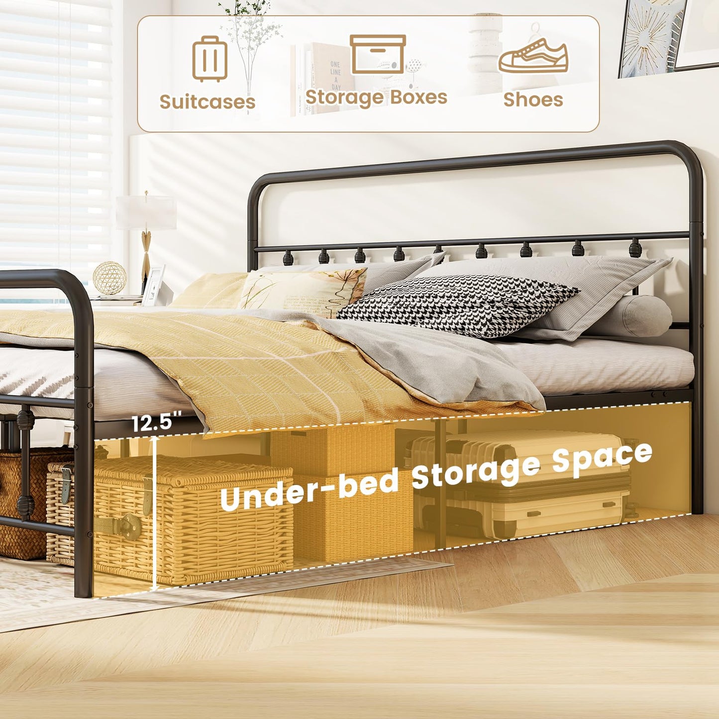 KOMFOTT King Size Metal Bed Frame with Headboard & Footboard, Victorian Style Metal Platform Bed Frame with Under Bed Storage, Noise-Free Mattress Foundation No Box Spring Needed, Black