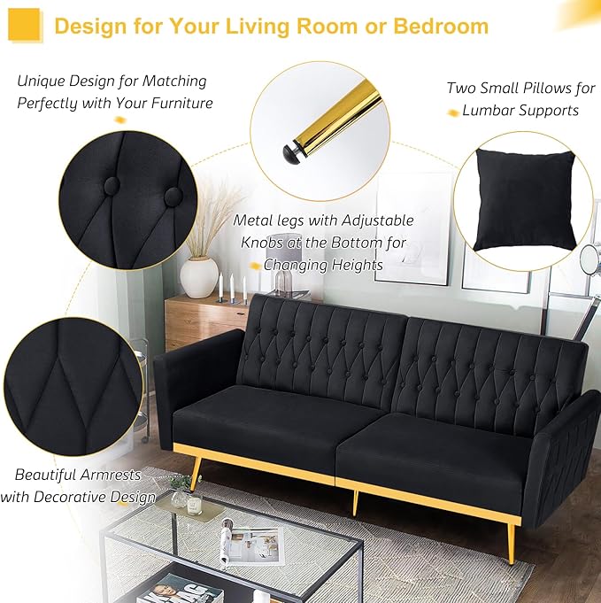 ACMEASE 70” Velvet Futon Sofa Bed with 2 Pillows and Adjustable Armrests, Convertible Sleeper Bed W/Adjustable Backrests, Modern Loveseat for Living Room, Bedroom, Black