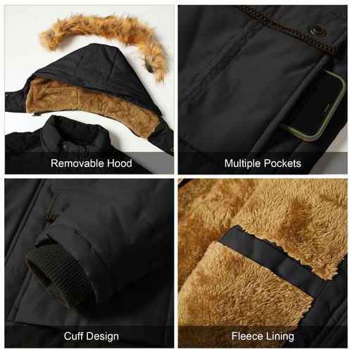 Junggley Men's Winter Warm Ski Jacket Mountain Windproof Hiking Hooded Snow Coat Multi Pockets Black XL