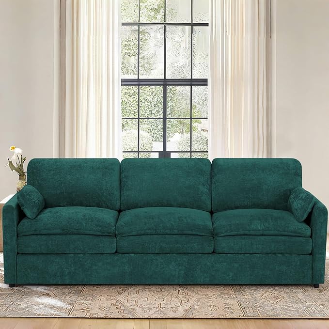 ACMEASE 89” Chenille Sofa w/Arm Pillows, Upholstered 3-Seater Sofa w/Comfortable Back Cushions, Modern 3 Seats Couch w/High-Density Foam for Living Room, Apartment, Office, Teal