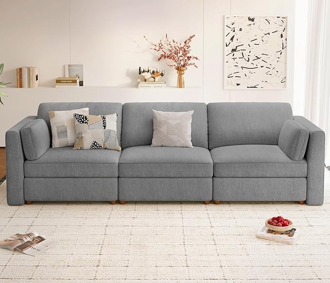 CUGOAO 118'' Modular Sectional Sofa, Oversized, Sectional Couch, Deep Seat Chenille Cloud Couch Sofa, Removable Cover, Mordern Upholstered Couches for Living Room, Apartment, Office, Grey
