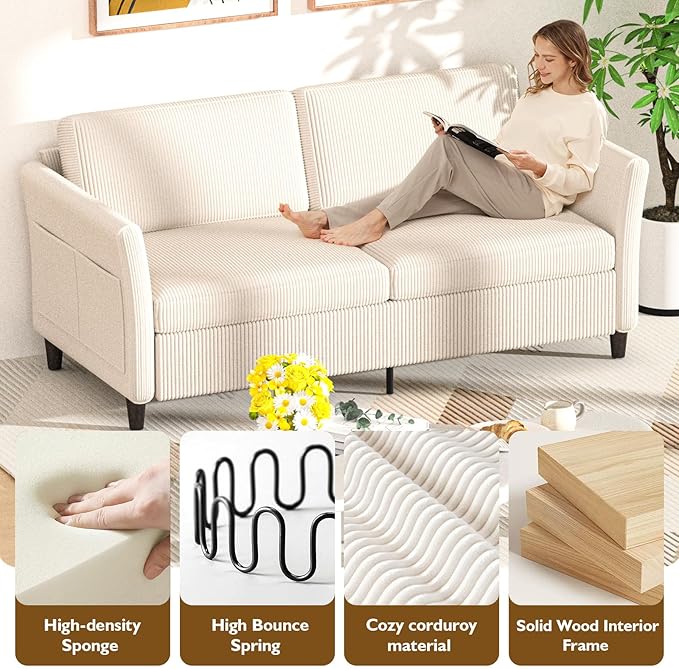 Valthie 79.1" Corduroy Loveseat Sofa, Modern Comfy Couches with Side Pocket, 3-Seater Sofa Couch for Living Room, Bedroom and Small Spaces,Beige