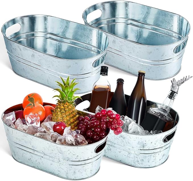 Tessco 4 Pcs 4 Gallon Galvanized Metal Tubs Large Ice Buckets for Parties Beverage Drink Tin Bins Champagne Cocktail Wine ...