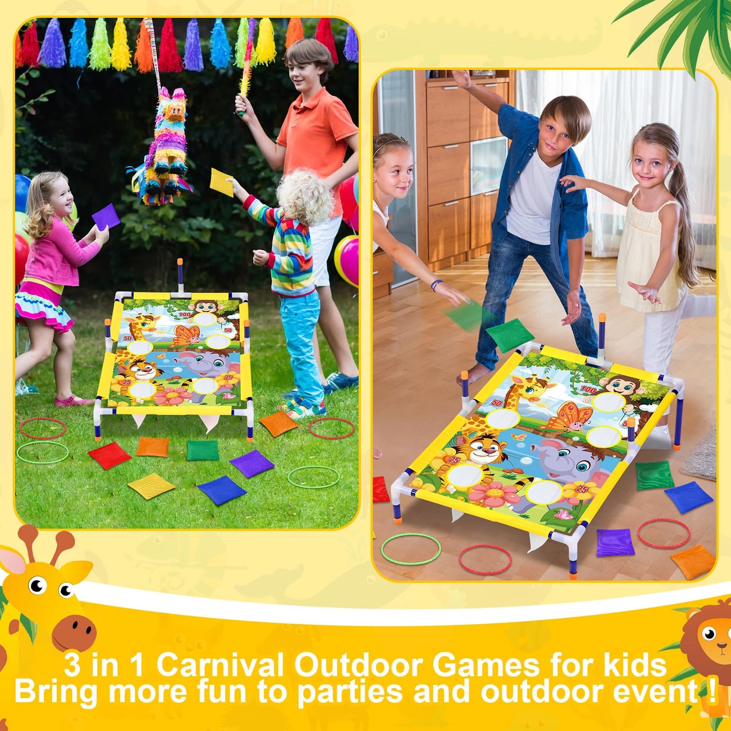 Leitee 2 in 1 Bean Bags Toss Game Animal Cornhole Bean Bags Ring Toss Game Kids Cornhole Games Set Party Carnival Games Toys Gifts Birthday Games Ideal Birthday for Ages 4-8 Toddlers