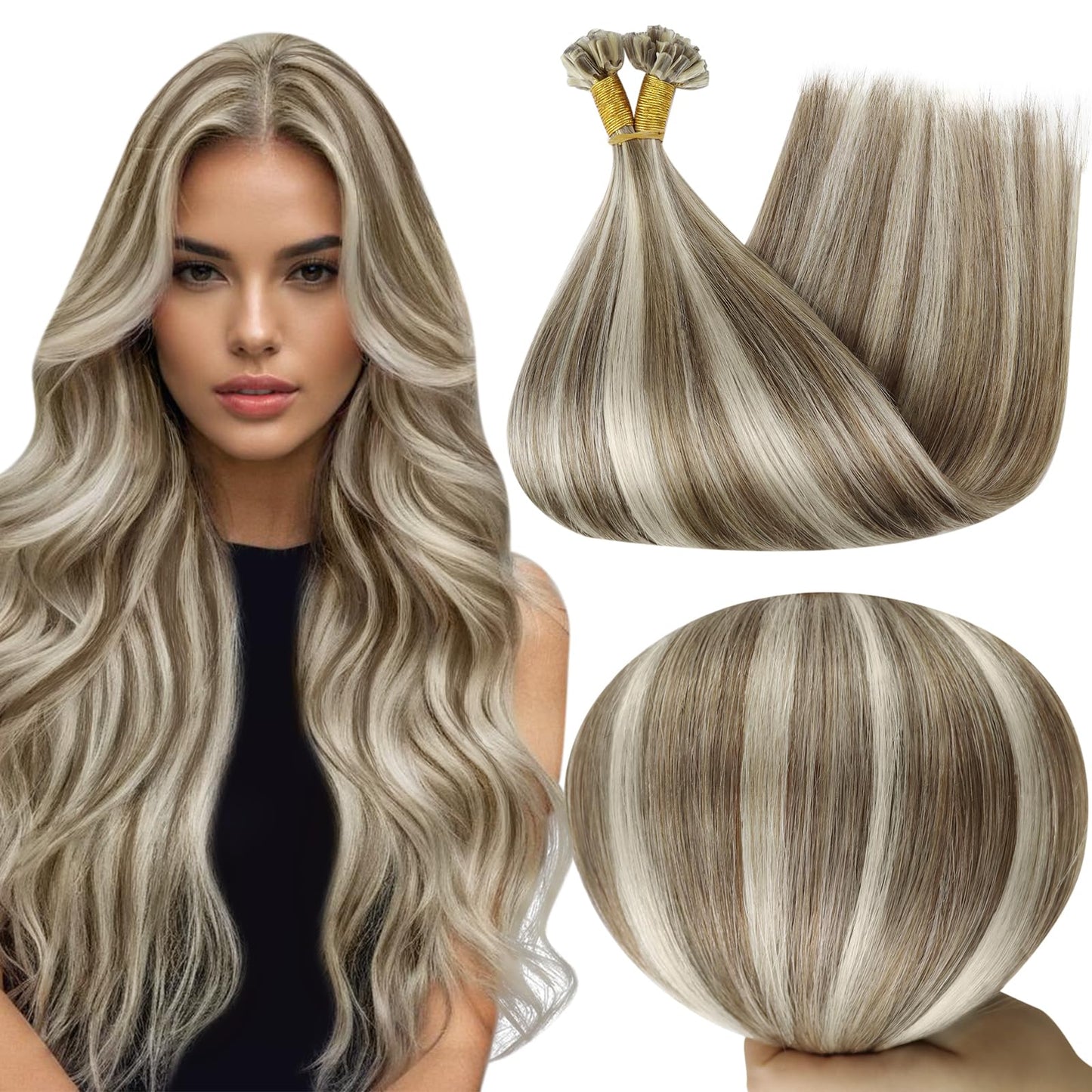 Full Shine U Tip Hair Extensions Real Human Hair 22 Inch Keratin Tip Hair Extensions Human Hair Brown with Blonde Highlight Fusi
