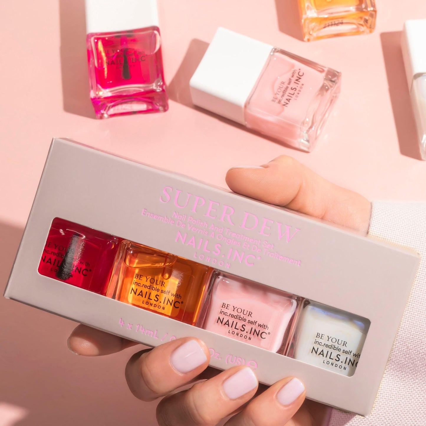 Nails Inc Super Dew Nail Polish Quad, Glow Enhancing Shades, Clean Girl Aesthetic, Fast Drying, Long Lasting, Chip Resistant, Ai