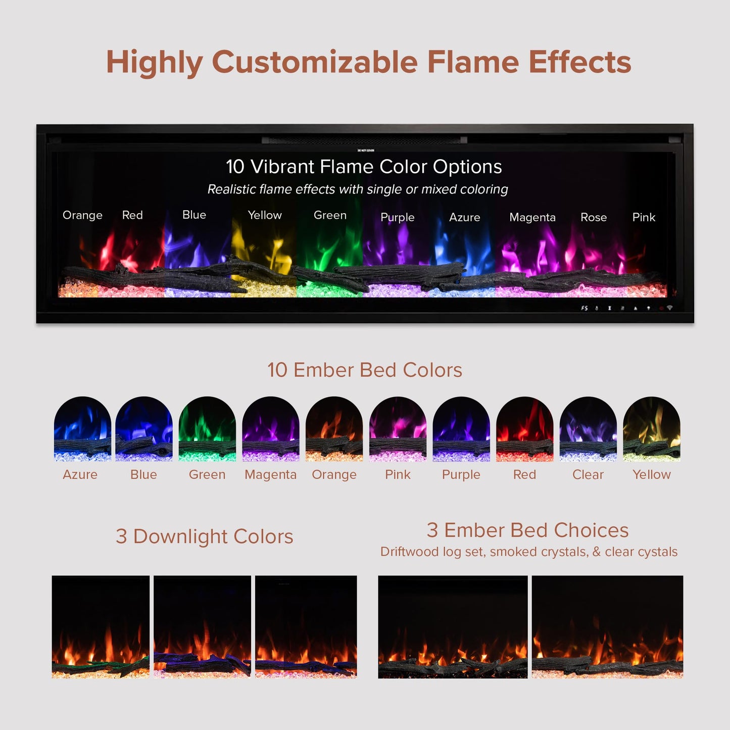 Modern Ember Highmark 72 Inch Smart Linear Electric Fireplace - Premium Flame with 10 Colors, Sleek Hidden Vent Design, Install Recessed in-Wall or Wall-Mount, WiFi Enabled.
