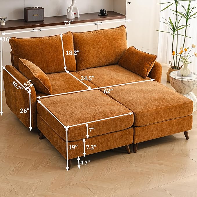 73'' Loveseat Sofa with Seats Storage, Modular Sectional Couch with Movable Ottoman,Oversized Comfy Couch, 7.8'' Thick Cushion,24.5'' Deep Seat,Large Couches for Living Room,Bedroom,Velet,Yellow