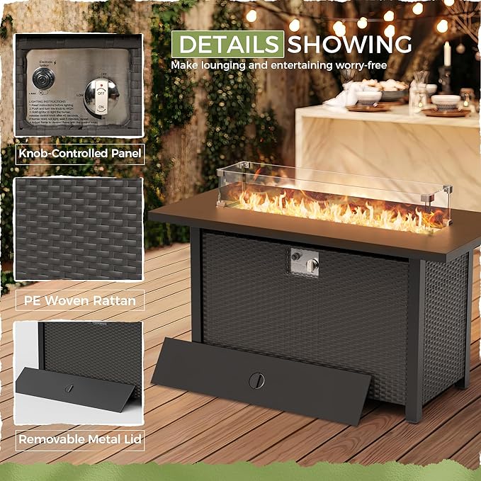 Crownland 8-Piece Outdoor Patio Furniture Sets with 45” Propane Gas Fire Pit Table, All-Weather Black Wicker Rattan Sectional Sofa with Coffee Table(Light Brown)