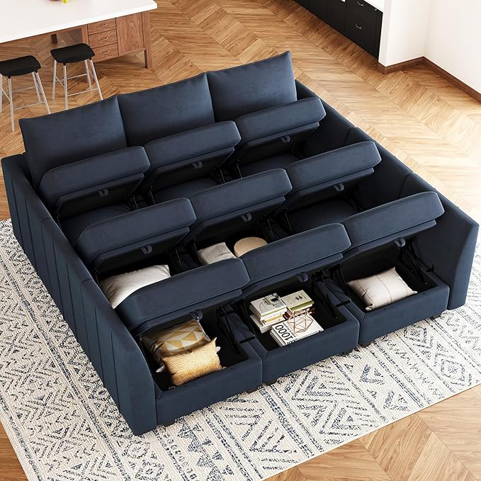 Belffin Large Modular Sectional Sofa Sleeper Couch with Storage Velvet Sectional Sofa Bed for Living Room, 9 Seats, Blue