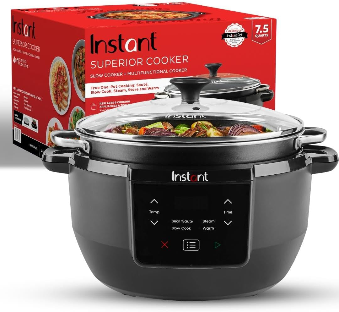 Superior Cooker 7.5QT Slow Cooker and Multicooker, 4-In-1 Functions, Sears/Sauté, Slow Cooks/Roast, Steams and Warms, from the Makers of